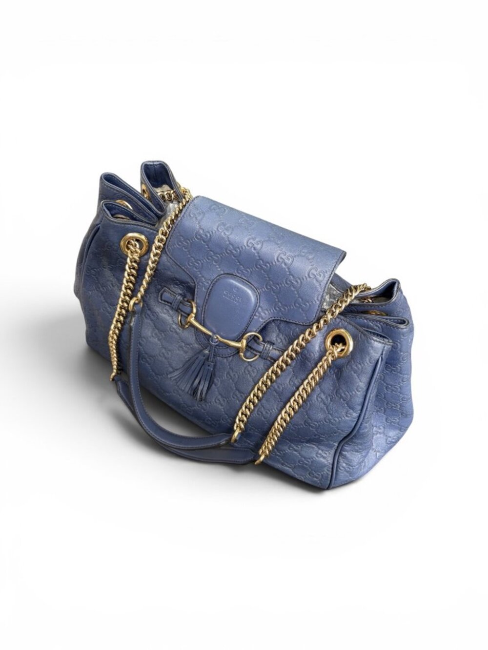 GUCCI Guccissima GG Monogram Leather Emily Navy Blue Hobo Chain Link Flap Bag - Picture 14 of 16